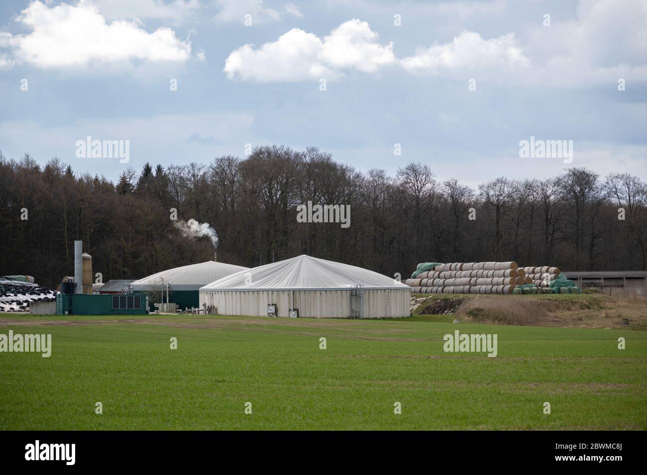 Usine de biogaz avec le stock de balle de paille et cheminée à fumer sur le champ au bord de la forêt, ciel nuageux, espace de copie Banque D'Images