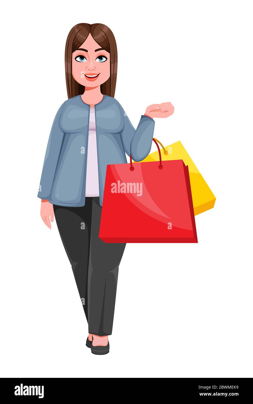 Bonne femme d'affaires grande, femme de plus taille va faire du shopping. Un personnage de dessin animé gai choubby businesswoman. Illustration vectorielle Illustration de Vecteur
