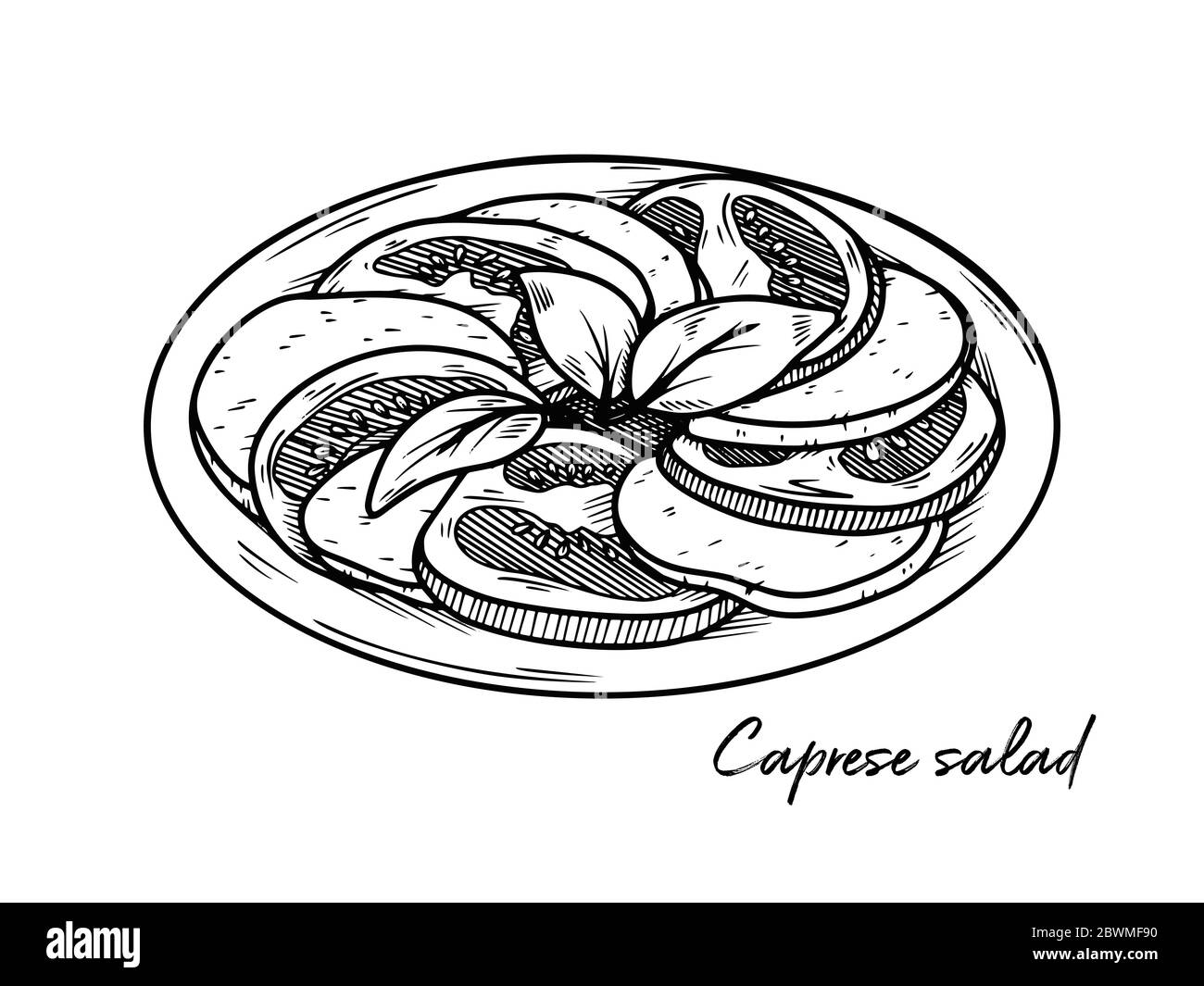 Salade Caprese isolée sur fond blanc. Faites des croquis de plats italiens. Illustration vectorielle dans le style d'esquisse. Illustration de Vecteur
