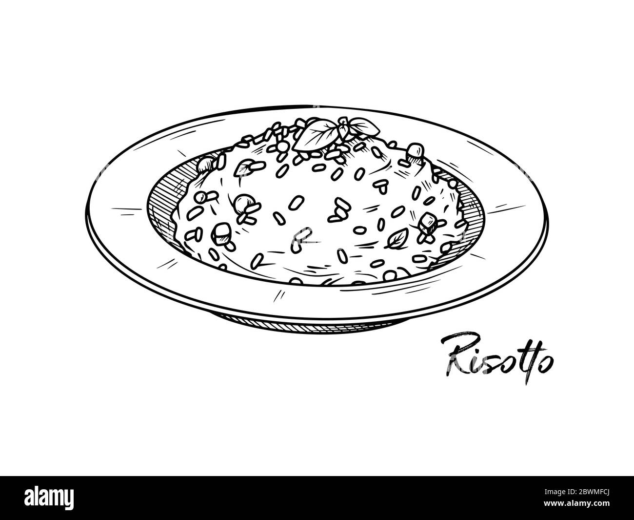 Risotto isolé sur fond blanc. Faites des croquis de plats italiens. Illustration vectorielle dans le style d'esquisse. Illustration de Vecteur