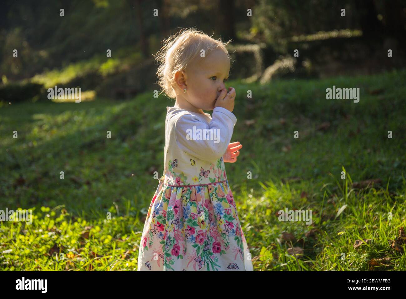 Un enfant d'un an, marchant sur l'herbe, en robe, en automne, un jour ensoleillé, souriant Banque D'Images