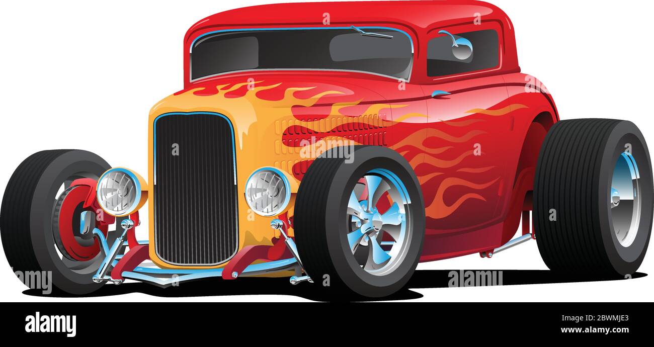 Voiture classique Red Custom Street Rod avec Hot Rod Flames et jantes chromées Illustration vectorielle isolée Illustration de Vecteur
