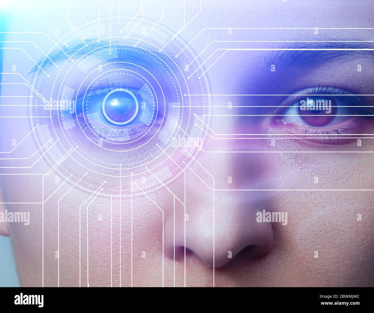 Concept biométrique. Système de reconnaissance faciale. Reconnaissance des visages. Reconnaissance de l'iris. Cyber-œil. Objectif intelligent. Banque D'Images