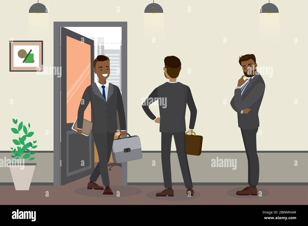 Caricature homme d'affaires américain africain et gens d'attente près du bureau, intérieur de hall avec porte ouverte, illustration vectorielle plate Illustration de Vecteur