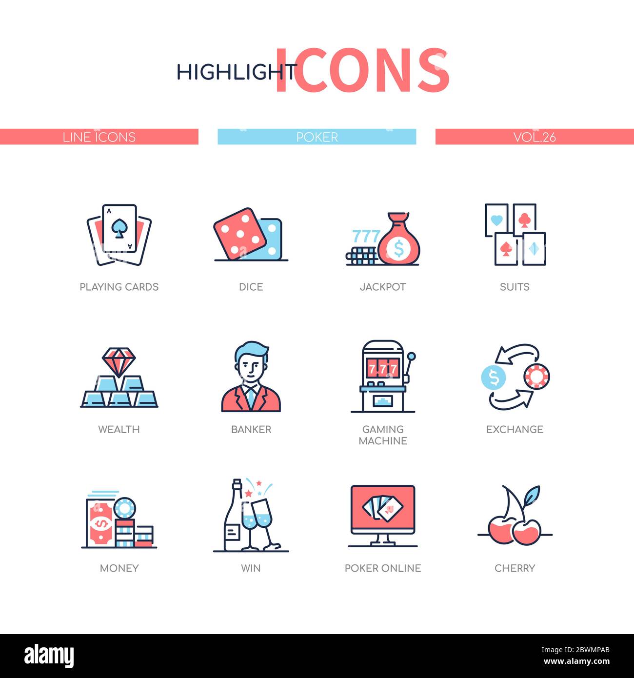Poker et jeux d'argent - jeu d'icônes de style de conception de ligne Illustration de Vecteur