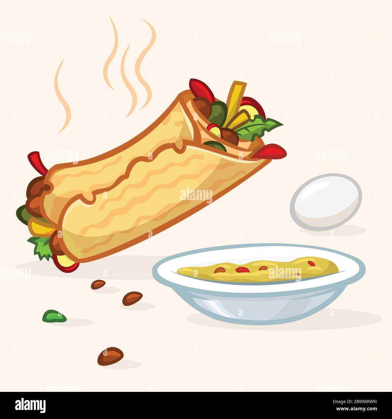 Illustration vectorielle de la rue Israël, rouleau de falafel, assiette avec houmous et oeuf. Icônes de Street Food Illustration de Vecteur