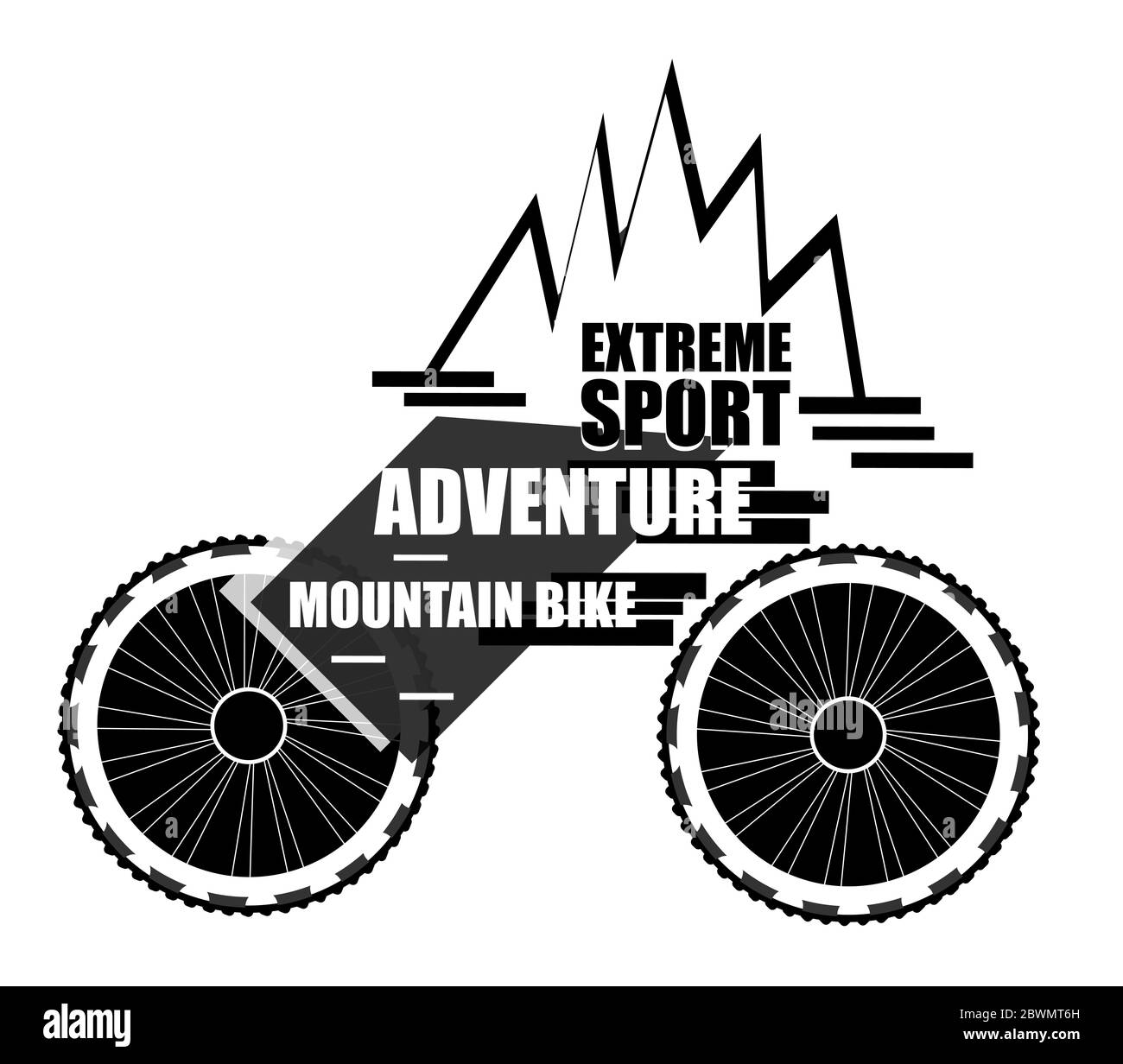 VTT. Concept de conception créative de Outdoor Adventure Trail. Roue de vélo et montagne abstraite Banque D'Images