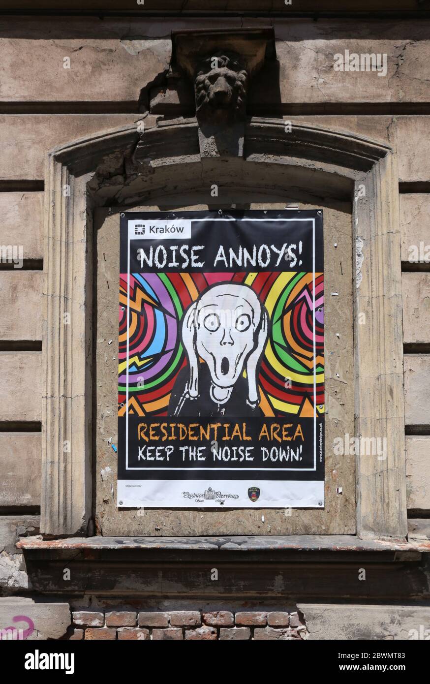 Cracovie. Cracovie. Pologne. Affiche anti-bruit à Kazimierz. Un motif de 'Scream' d'Edvard Munch. « bruit gênant » Banque D'Images