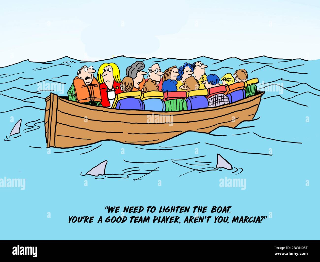 Dessin animé d'un bateau rempli de gens d'affaires et entouré par les requins où le patron mâle encourage une femme pour sauter dans l'eau à la lumière Banque D'Images