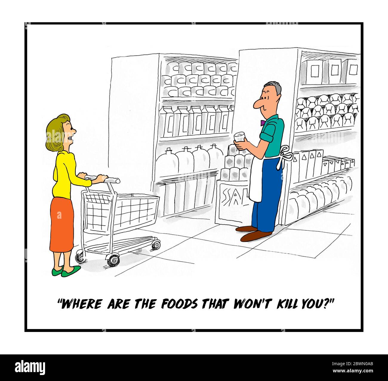 Caricature d'une femme qui fait du shopping dans une épicerie et qui demande au commis où sont les aliments qui ne vous tueront pas? Banque D'Images