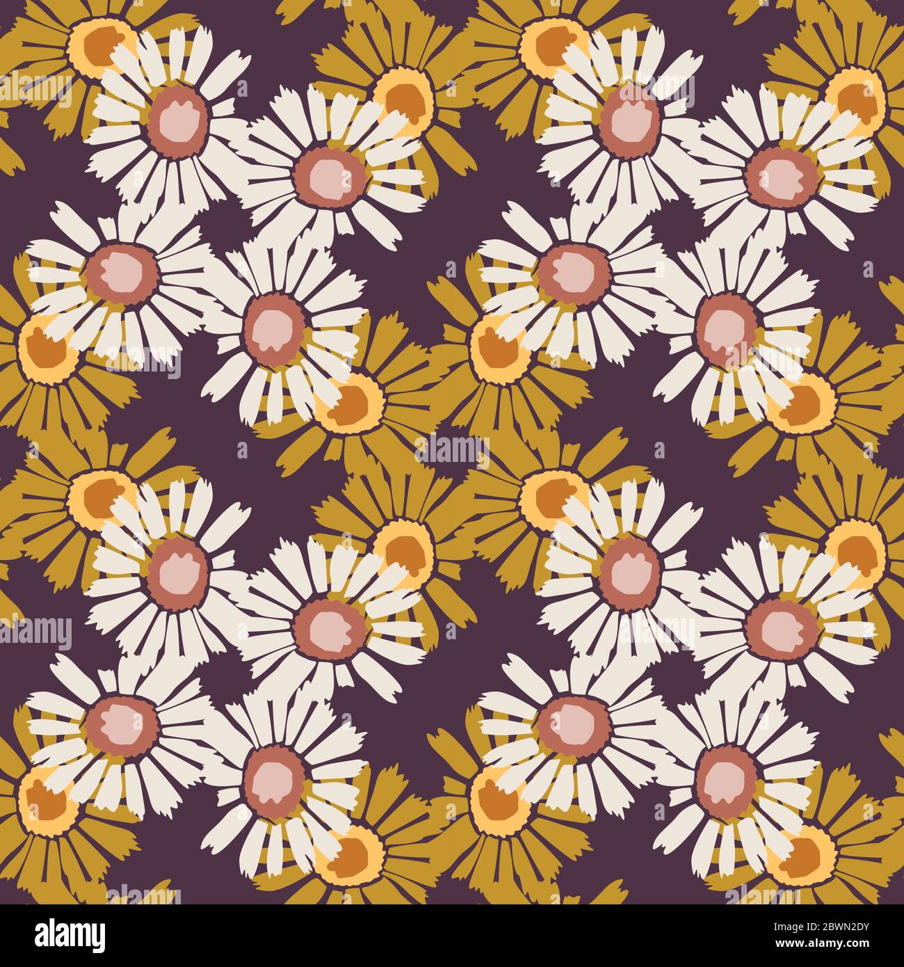 1970 s Retro Daisy Wildflower motif arrière-plan. Motif fleuri naïf Margerite sans coutures. Blanc sur marron. Textiles délicats à feuilles dessinées à la main. Gras Illustration de Vecteur