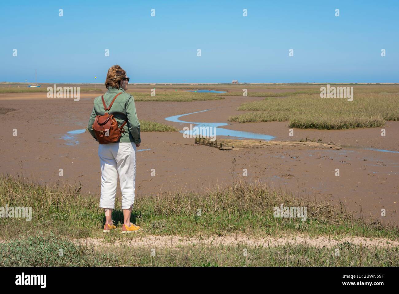Chemin de la côte de Norfolk, vue arrière d'une femelle qui se trouve sur le chemin de la côte nord de Norfolk près de Blakeney, regardant les marais salants de la réserve naturelle, Royaume-Uni Banque D'Images