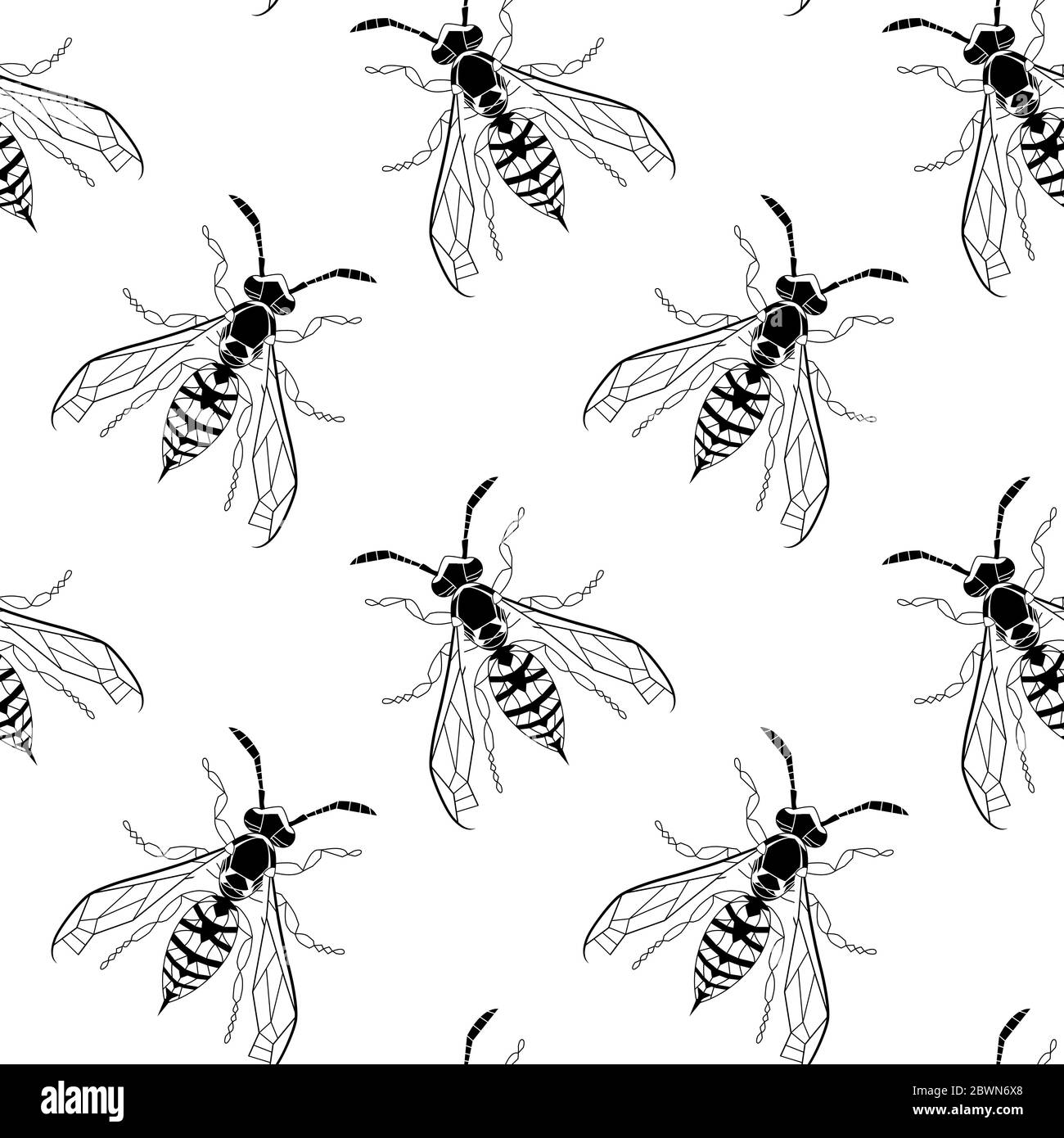 Motif sans coutures en forme d'insecte. Conception dangereuse pour le textile, texture du tissu. Insectes noirs et blancs isolés sur fond blanc. Mosaïque de dessin Bumblebee vectoriel. Imprimé graphique Wild nature. Illustration de Vecteur