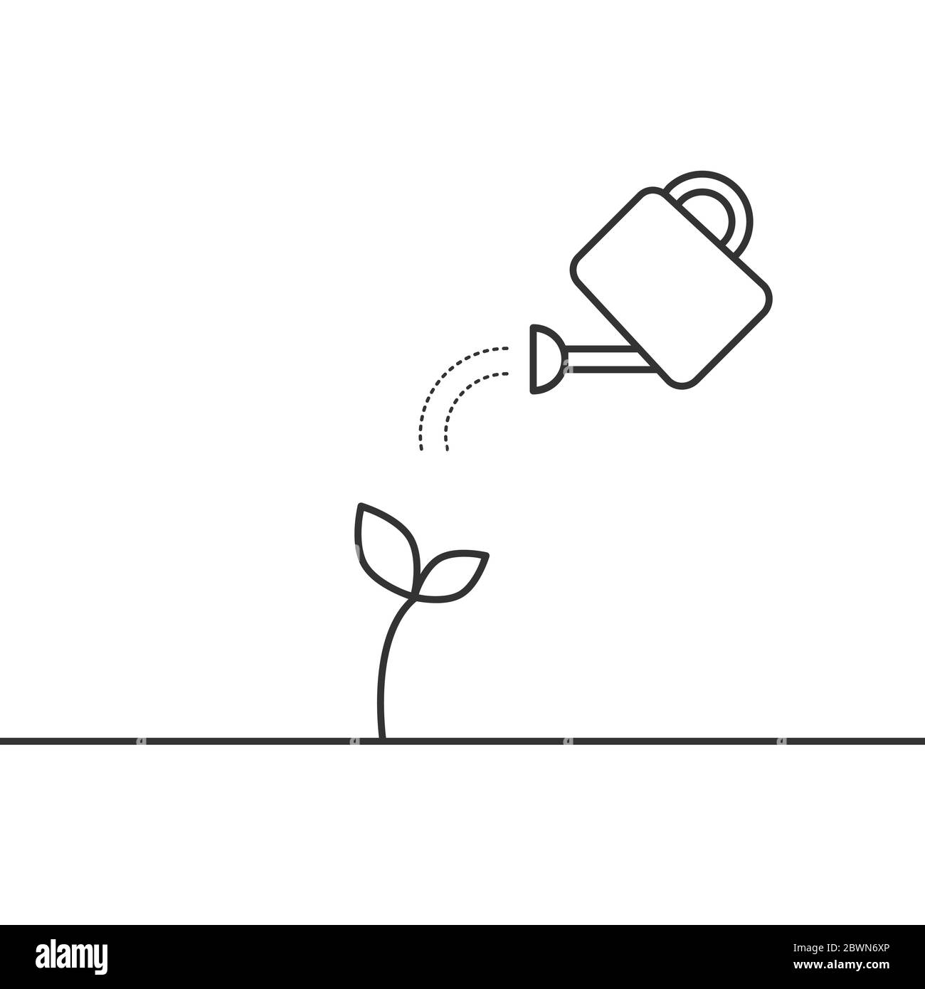 Arrosage d'une plante avec une icône de ligne de CAN d'arrosage. Agriculture, agriculture, concept de soins. Développer et développer une idée de semences. Jardinage. Contour noir Illustration de Vecteur
