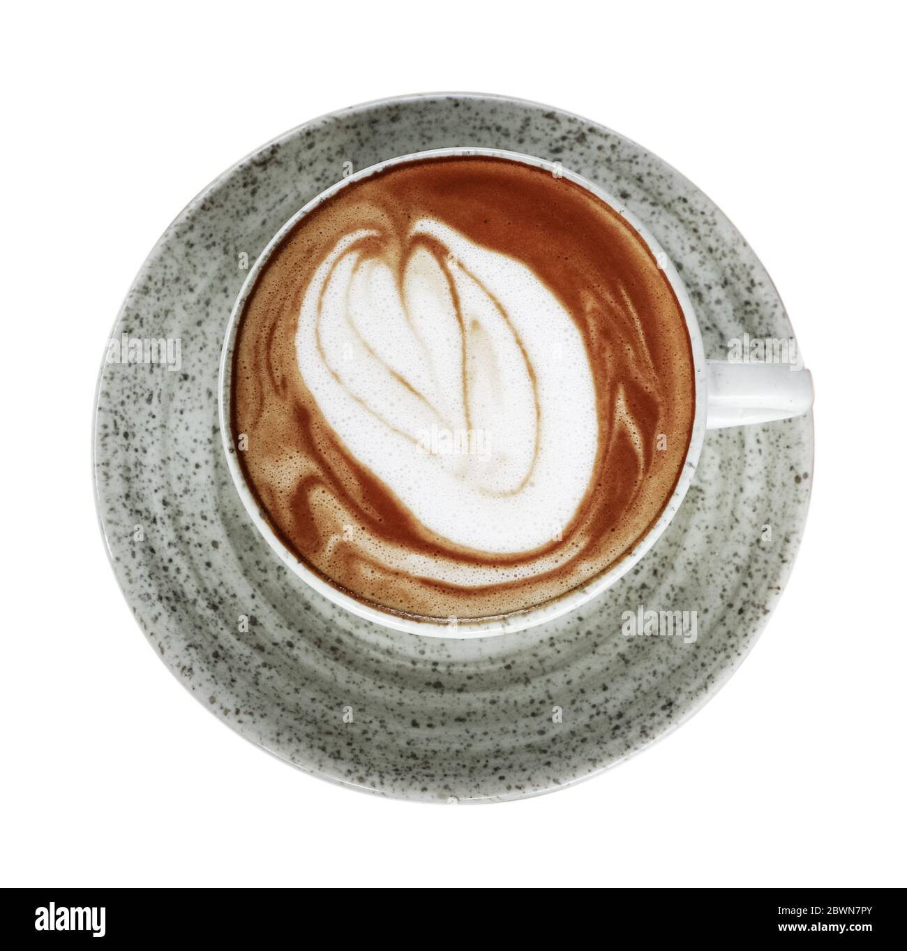 Une tasse de café avec art latte sur le dessus isolé sur blanc, vue de dessus Banque D'Images