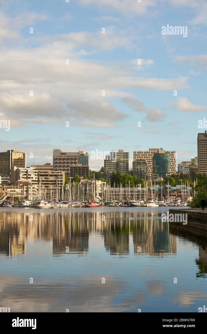 Vue sur les voiliers amarrés dans une marina du côté sud de False Creek, Vancouver, C.-B., Canada Banque D'Images