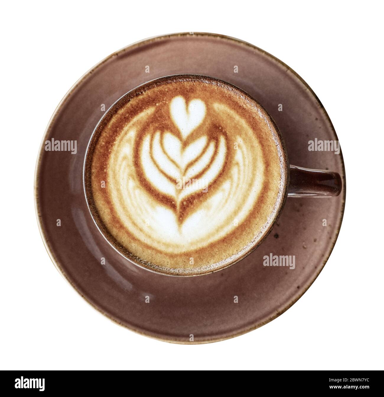 Une tasse de café avec art latte sur le dessus isolé sur blanc, vue de dessus Banque D'Images