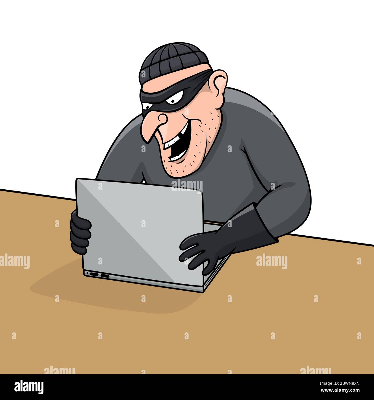 Concept de piratage. Un voleur de caricature tente de pirater des informations personnelles. Illustration de Vecteur