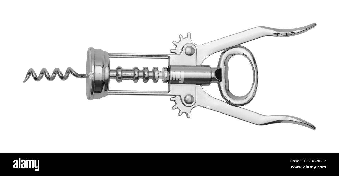 Ouvre-bouteille à vis en liège chromé rétracté, découpe sur blanc. Banque D'Images