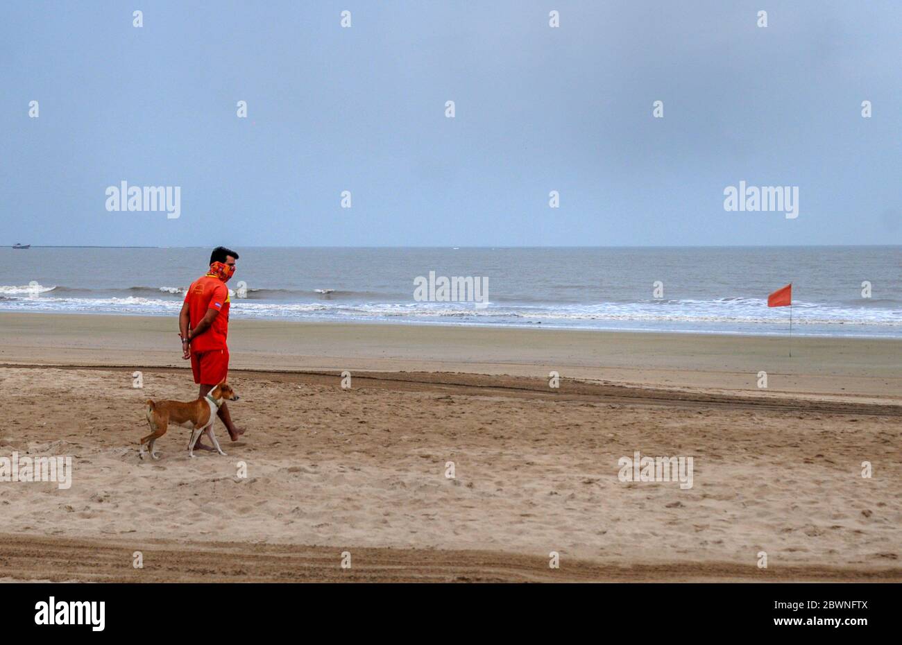 Un maître de sauvetage et un chien patrouillent la plage en préparation du cyclone. Le département météorologique indien (IMD) dit que le cyclone tropical ?isarga?a pris la direction de la côte du Maharashtra. Il a été conseillé aux gens de rester à l'intérieur, de se préparer à faire face à d'éventuelles coupures de courant, car de forts vents frappent la ville. La Force nationale d'intervention en cas de catastrophe (NDRF) a placé neuf équipes dans les districts vulnérables. Banque D'Images