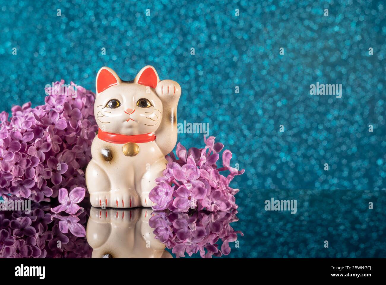 Symbole Japonais De Bonne Chance Maneki Neko Chat Encadre De Fleurs Lilas Sur Un Fond Bleu Bokeh Avec Reflexion Photo Stock Alamy Symbole Japonais De Bonne Chance Maneki Neko Chat Encadre De Fleurs Lilas Sur Un Fond Bleu Bokeh Avec Reflexion Photo Stock Alamy