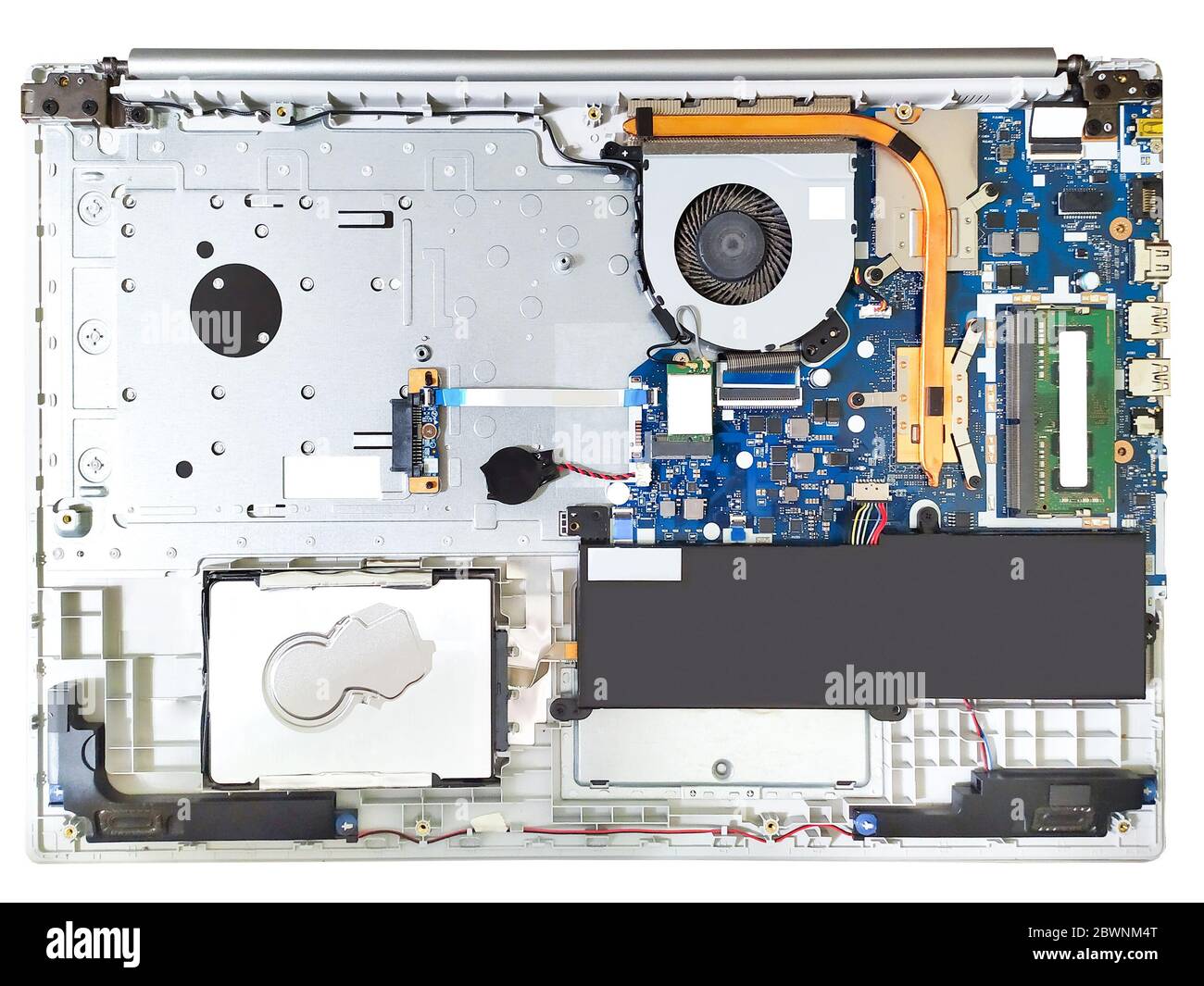 Partie de l'ordinateur portable au-dessus de la vue. Ordinateur de vue éclatée. Carte mère, refroidisseur et disque dur Banque D'Images