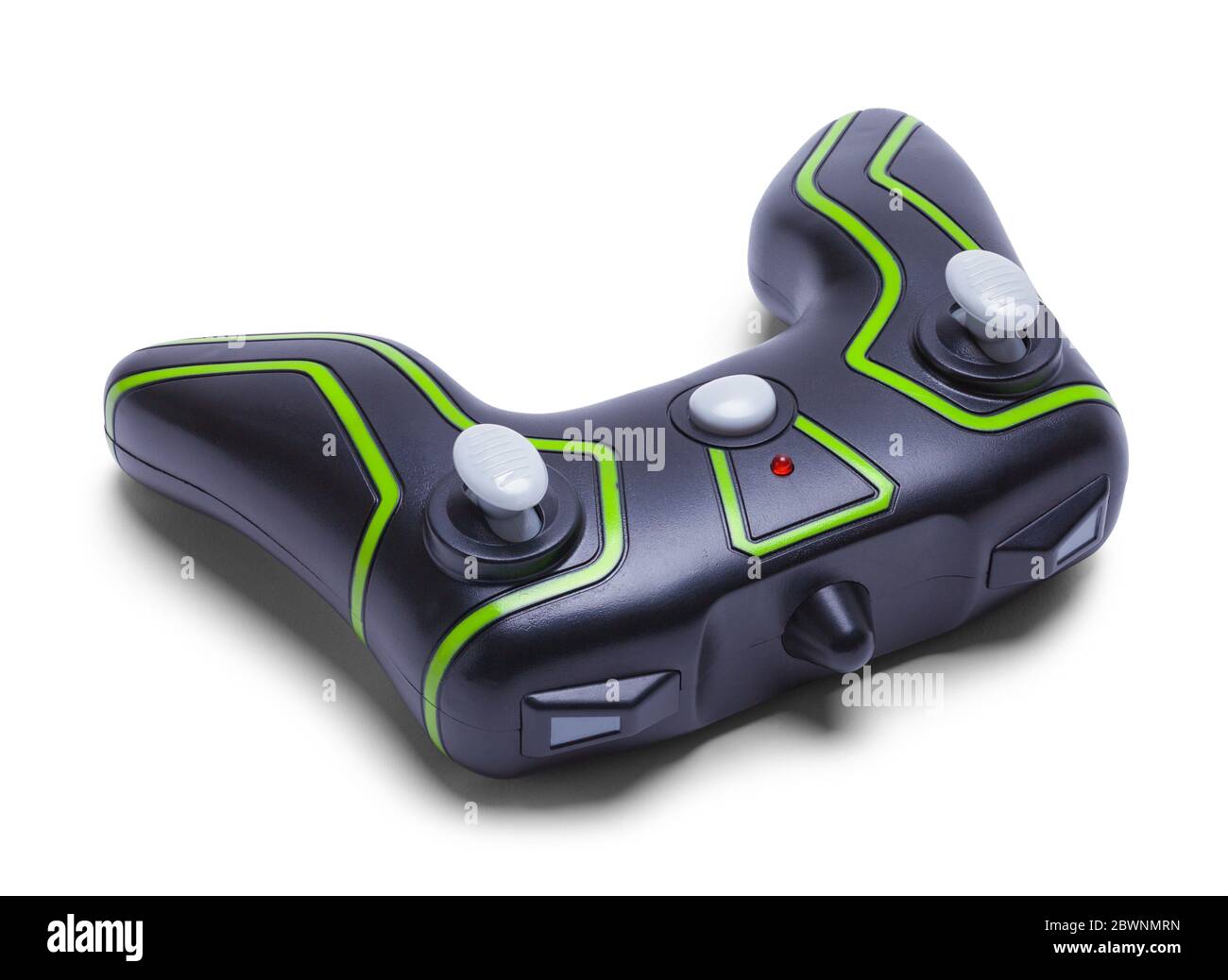 Contrôleur de jeu vidéo sans fil noir et vert isolé sur blanc. Banque D'Images