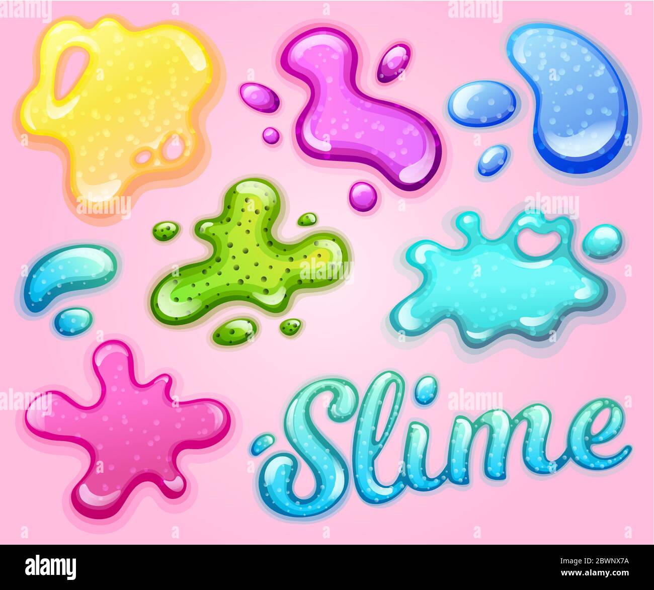 Ensemble d'illustrations vectorielles BLOB en slime scintillante et colorée. Collection Girly Goo taches sur fond rose. Jeu amusant pour les enfants Illustration de Vecteur
