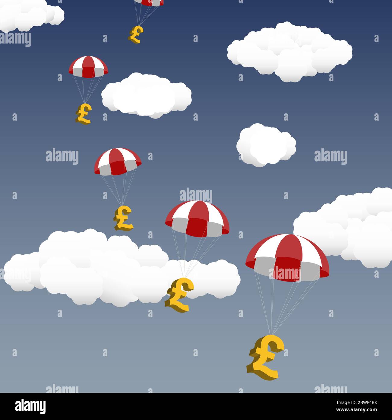 Livres tombant du ciel, avec des nuages en arrière-plan. Pendant une crise financière, les gouvernements et les organismes de protection sociale offrent une aide financière. Illustration de Vecteur