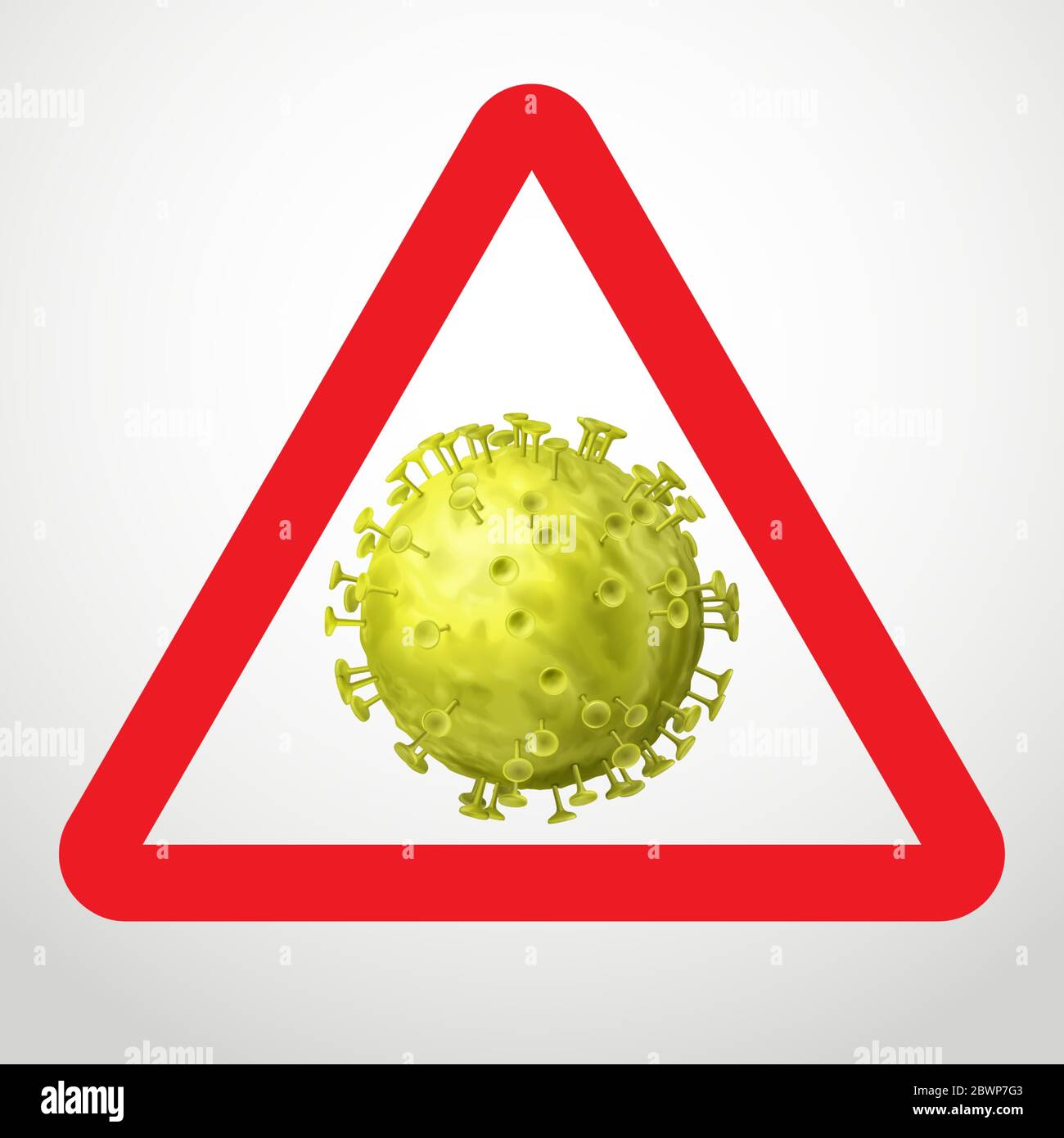 Signe de mise en garde du coronavirus. Symbole jaune du virus dans un triangle rouge, isolé sur fond blanc Illustration de Vecteur