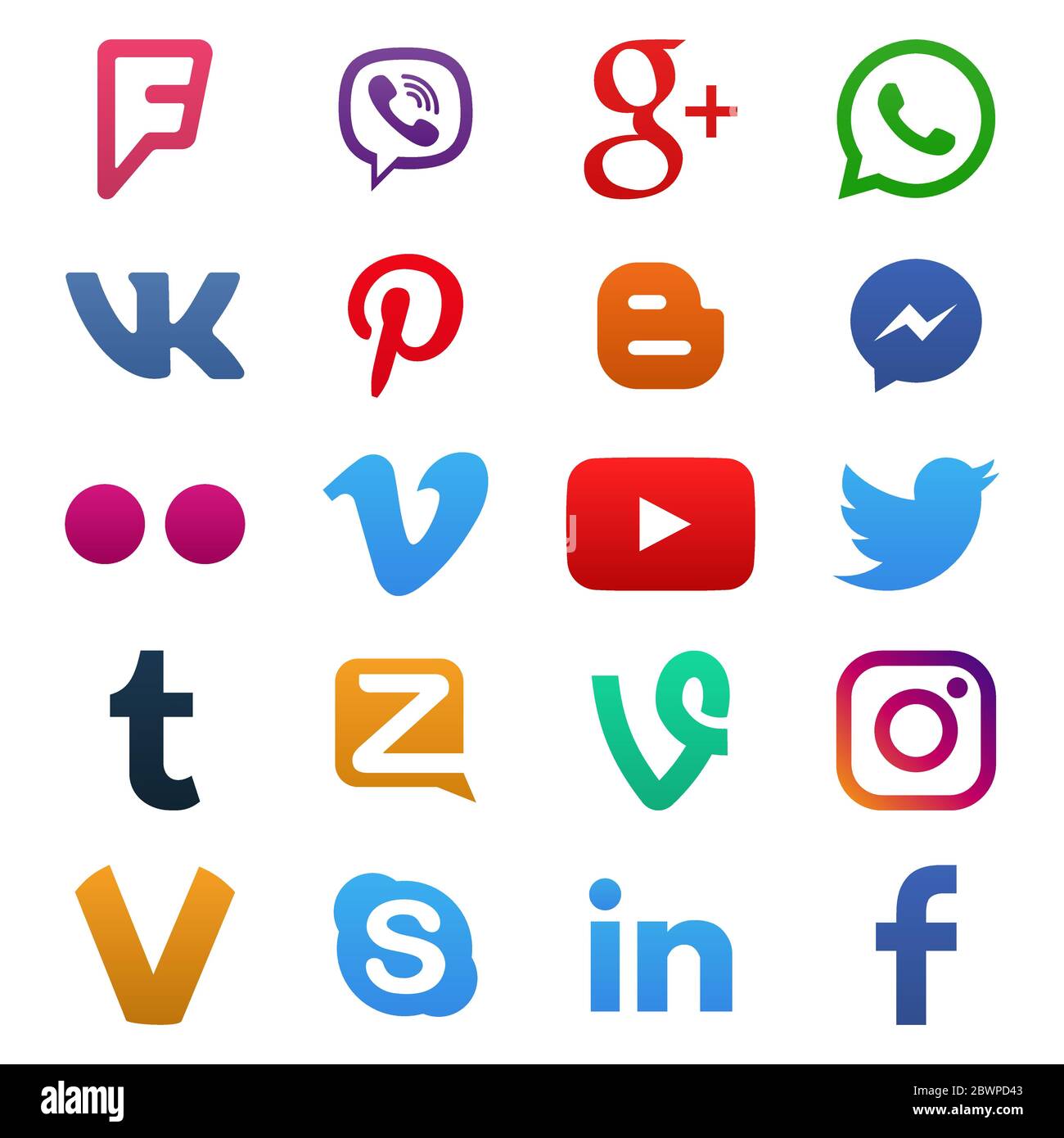 VORONEZH, RUSSIE - 05 JANVIER 2020 : ensemble de couleurs icônes populaires sur les réseaux sociaux : youtube, instagram, twitter, facebook, whatsapp, pinterest, snapchat, vi Illustration de Vecteur