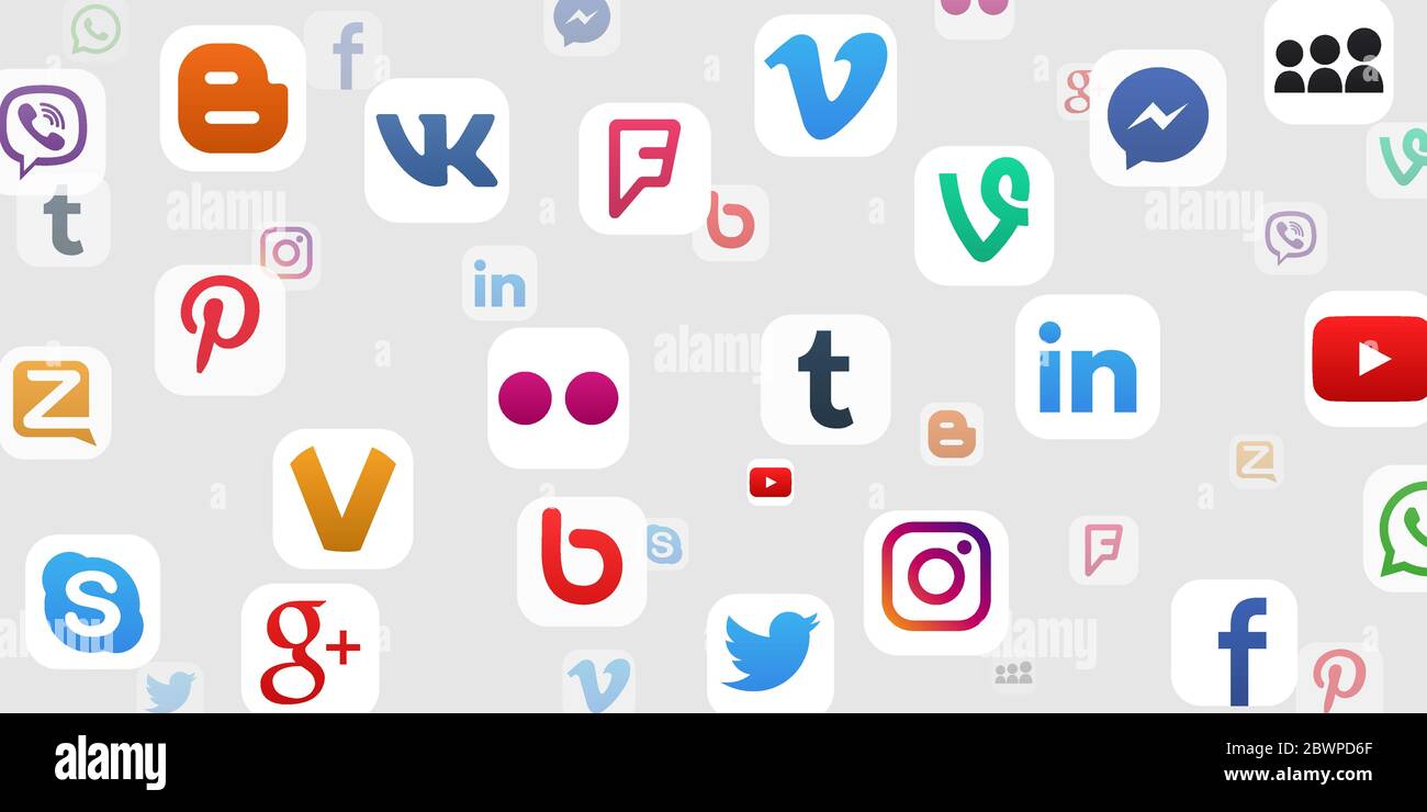 VORONEZH, RUSSIE - 11 JANVIER 2020: Fond de couleurs icônes populaires des médias sociaux: youtube, instagram, twitter, facebook, whatsapp, pinterest, snap Illustration de Vecteur