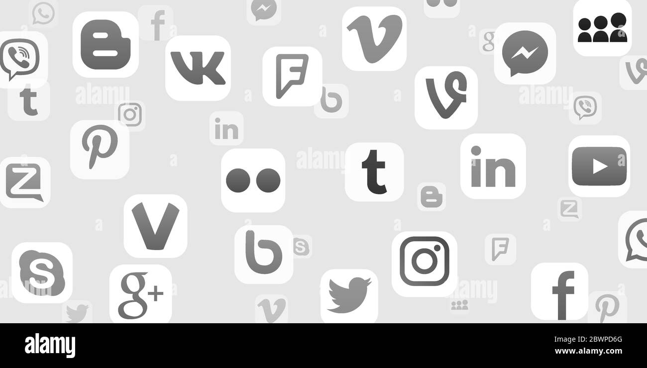 VORONEZH, RUSSIE - 11 JANVIER 2020 : arrière-plan des icônes de réseaux sociaux populaires en noir et blanc : youtube, instagram, twitter, facebook, whatsapp, pinter Illustration de Vecteur