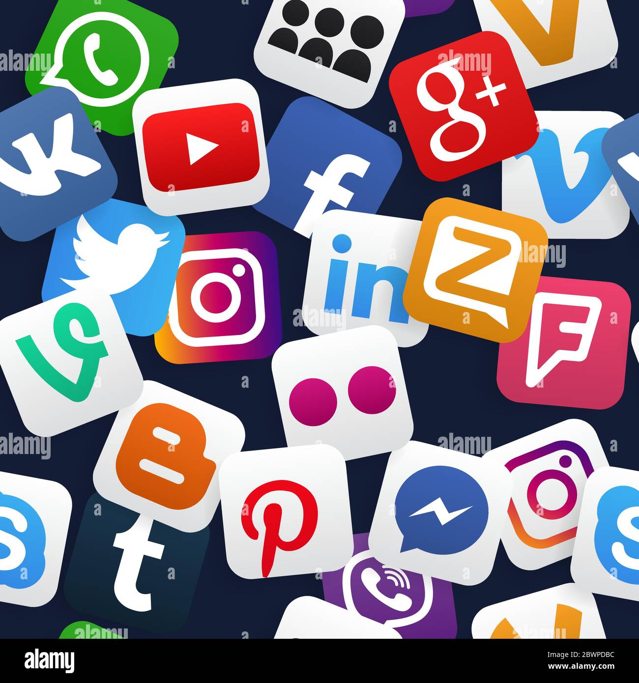 VORONEZH, RUSSIE - 11 JANVIER 2020 : modèle fluide des icônes de médias sociaux populaires de couleur : youtube, instagram, twitter, facebook, whatsapp, pinterest, Illustration de Vecteur