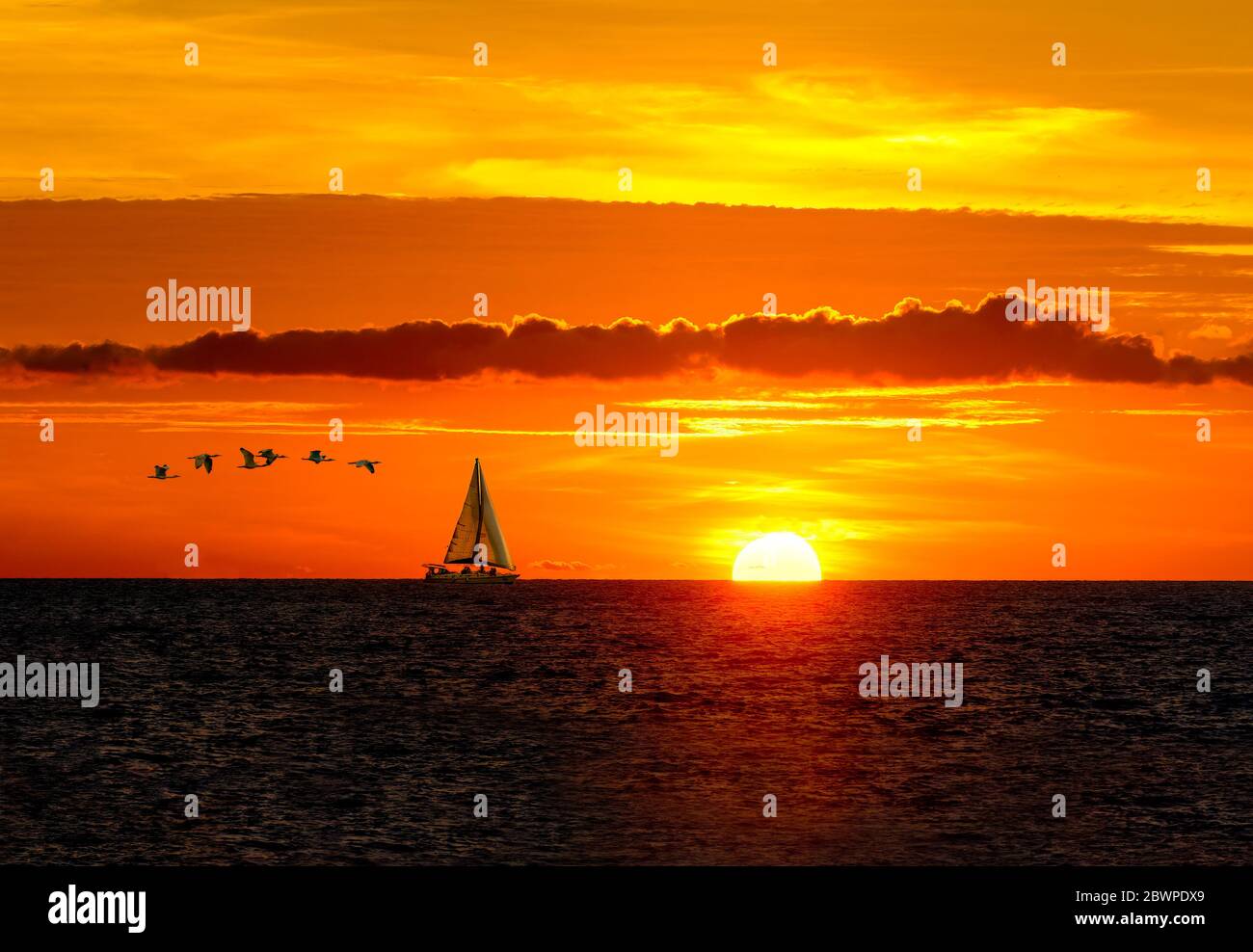 Un Voilier longe l'océan tandis que le soleil se met au-dessus des nuages sur l'horizon et les oiseaux voguent en arrière-plan Banque D'Images