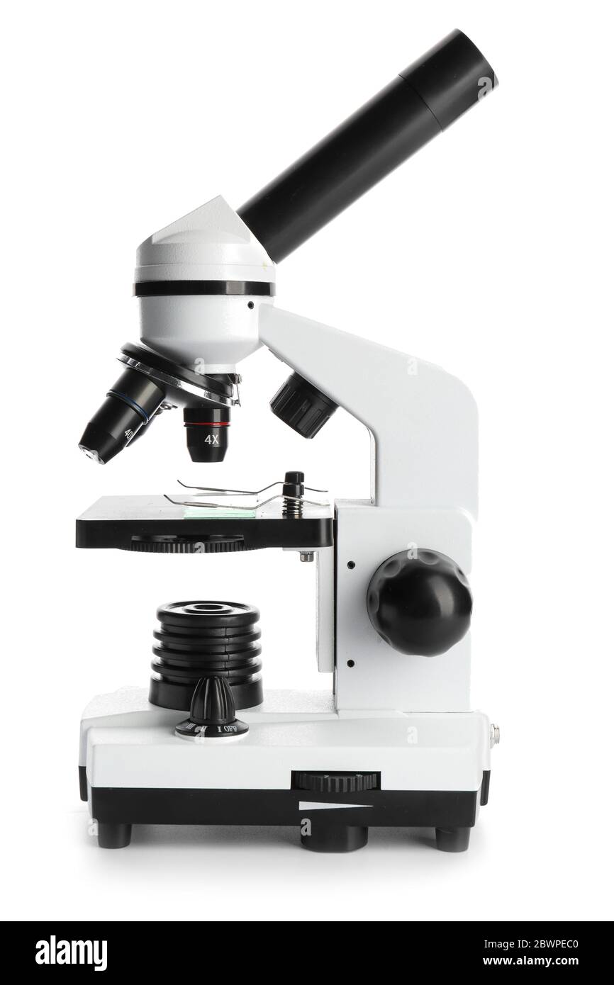 Microscope moderne sur fond blanc Photo Stock - Alamy