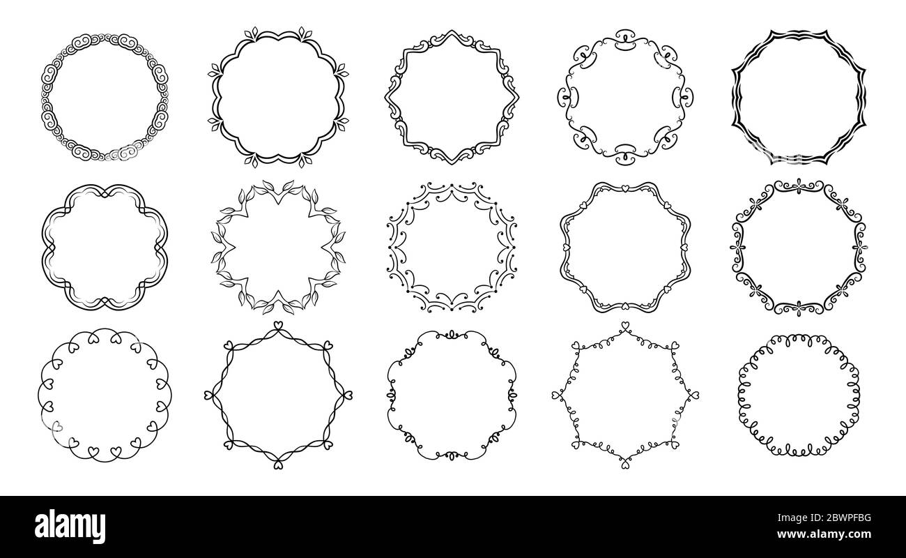Les cadres circulaires sont des séparateurs calligraphiques. Bordures rondes fleurites, vignettes de tourbillons de légumes cadre décoratif, bannière décorative. Éléments graphiques élégants encre noir dessin. Illustration vectorielle Illustration de Vecteur