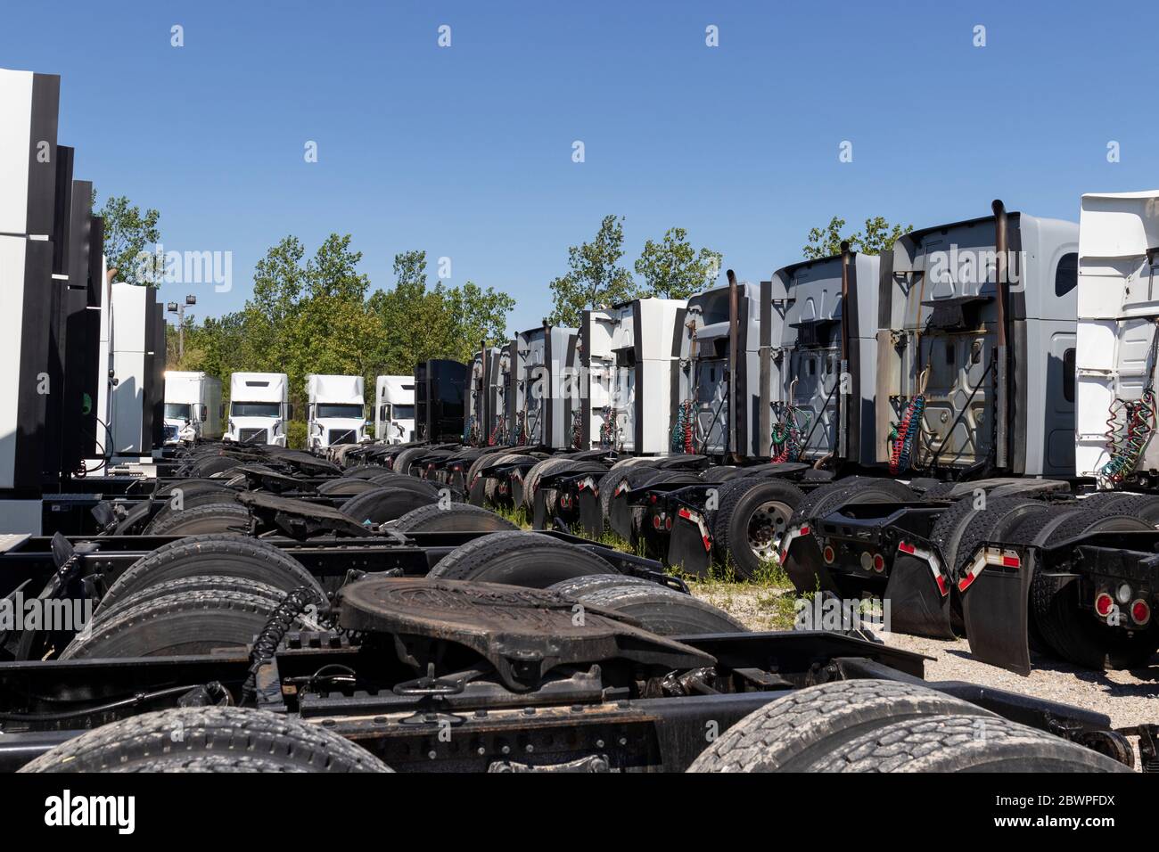 Indianapolis - Circa juin 2020: Semi-remorques de tracteur en ligne pour la vente. Banque D'Images