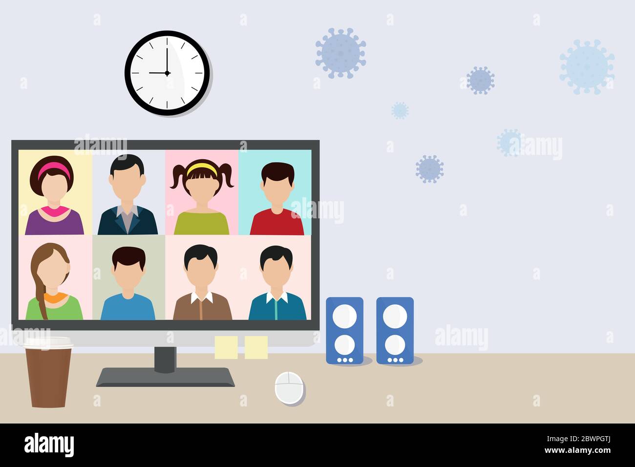 Illustration un groupe d'étudiants ou de collègues dans une vidéo conférence Web conférence en ligne sur l'écran d'ordinateur portable pour prévenir le coronavirus covid-19 Banque D'Images Illustration un groupe d'étudiants ou de collègues dans une vidéo conférence Web conférence en ligne sur l'écran d'ordinateur portable pour prévenir le coronavirus covid-19 Banque D'Images