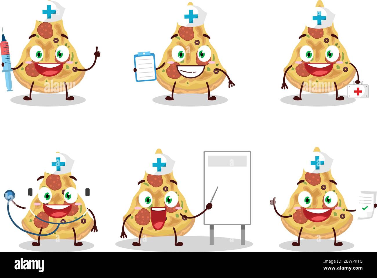 Émoticône de profession de docteur avec une tranche de personnage de dessin animé de pizza Illustration de Vecteur