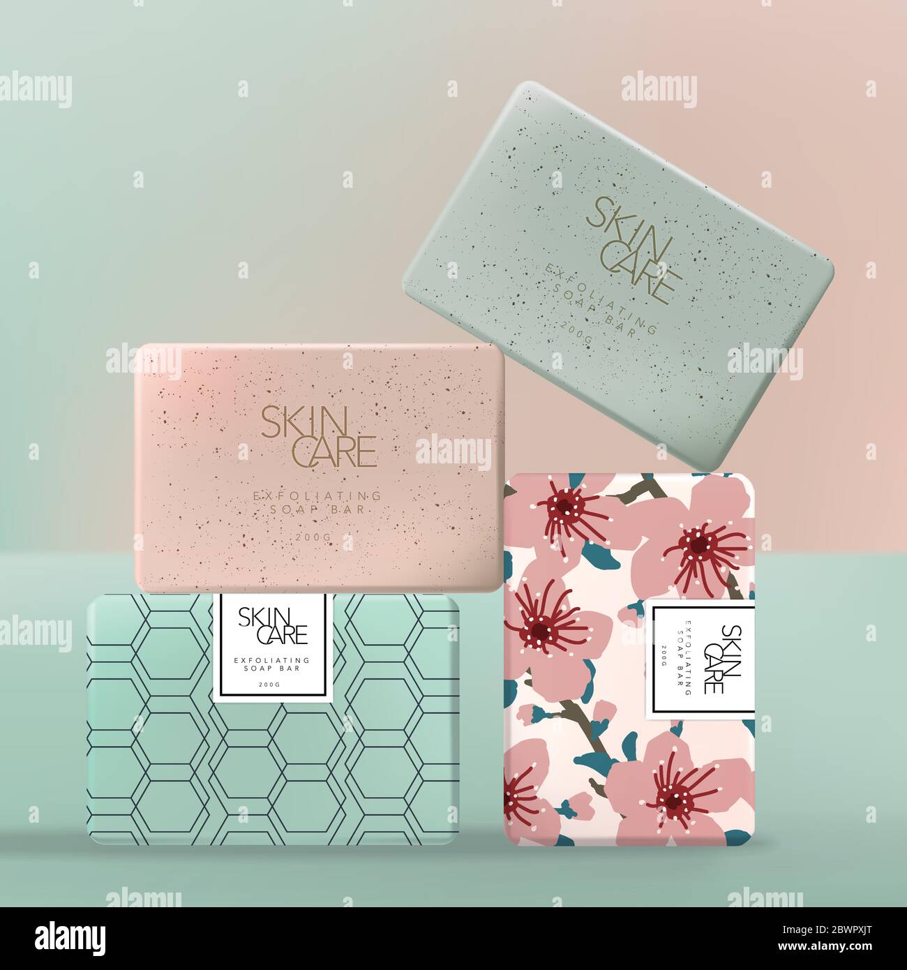 Papier d'emballage pour savon à exfolier ou à récurer Vector avec motif floral ou géométrique japonais Sakura. Rose et vert. Illustration de Vecteur