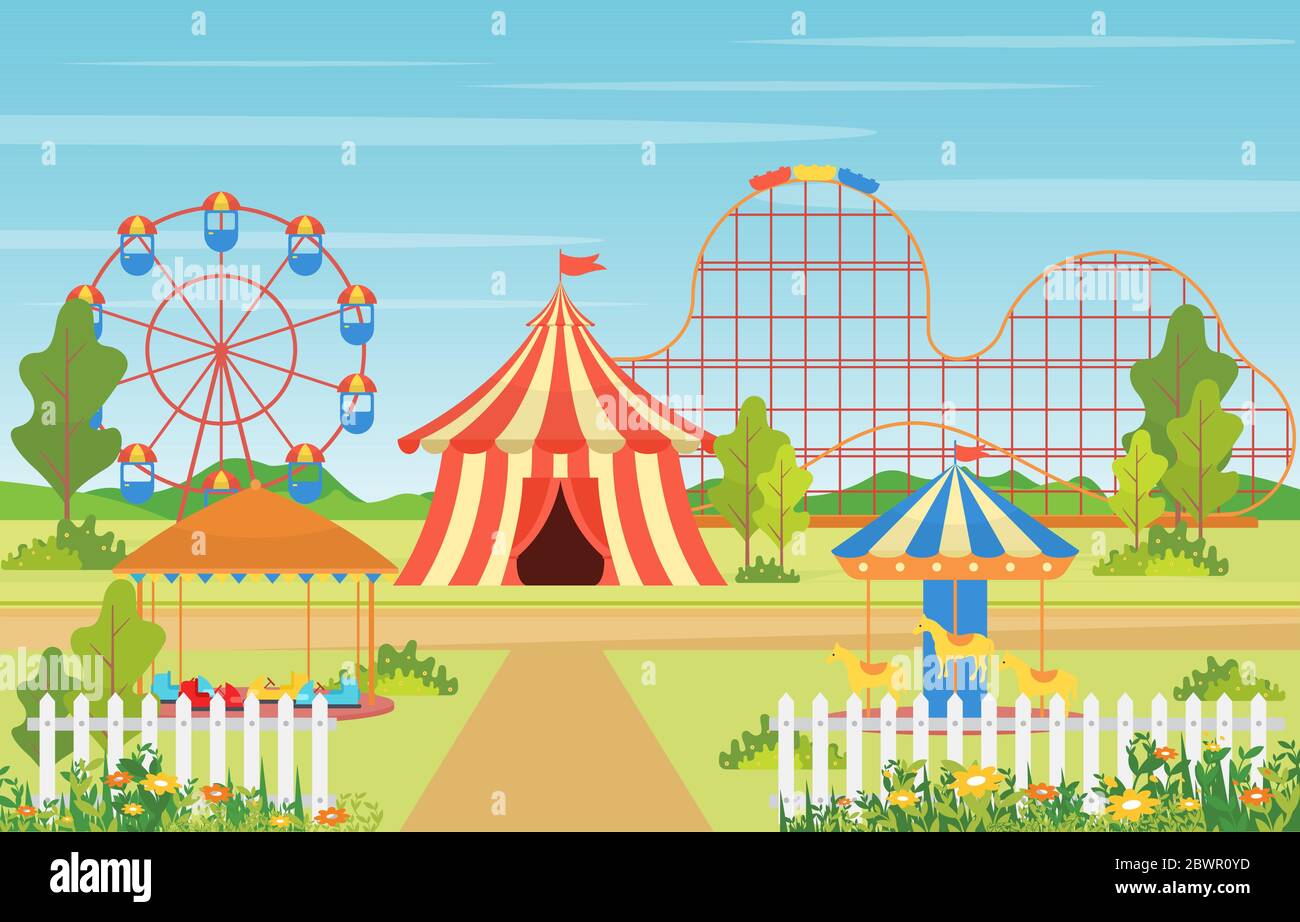 Parc d'attractions Circus Carnival Festival Fun Fair avec illustration de paysage de feu Illustration de Vecteur