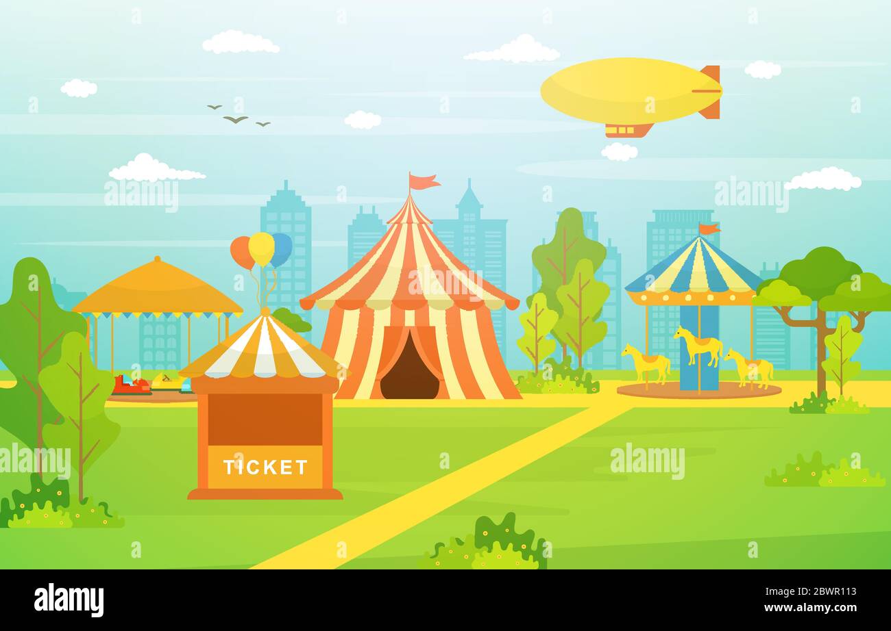 Parc d'attractions Circus Carnival Festival Fun Fair avec illustration de paysage de feu Illustration de Vecteur