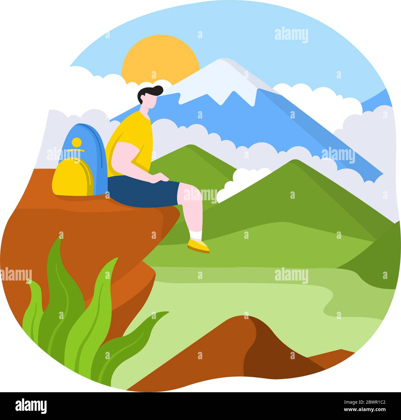 Homme de randonnée assis au sommet de la montagne belle vue plat Illustration de conception Illustration de Vecteur