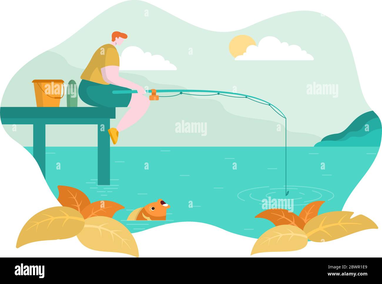 Homme assis sur le bord du quai de pêche Sea Lake Flat Design Illustration Illustration de Vecteur