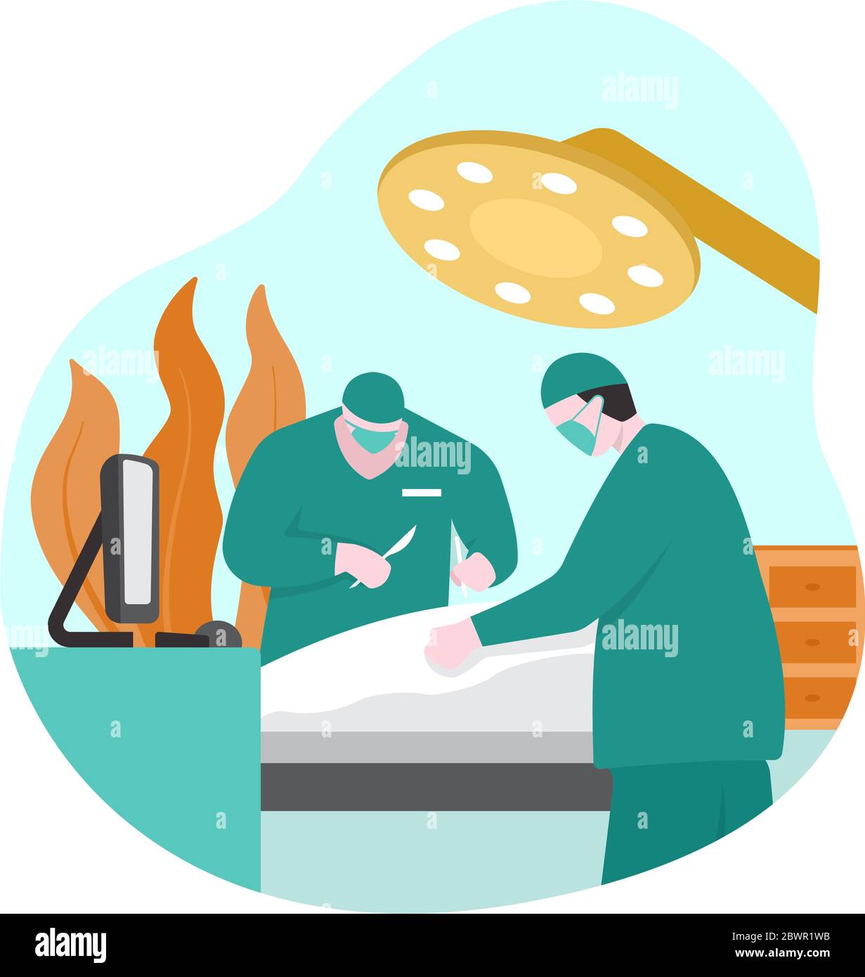 Chirurgien médecin effectuant la chirurgie sur un patient dans la salle d'opération Illustration de conception plate Illustration de Vecteur