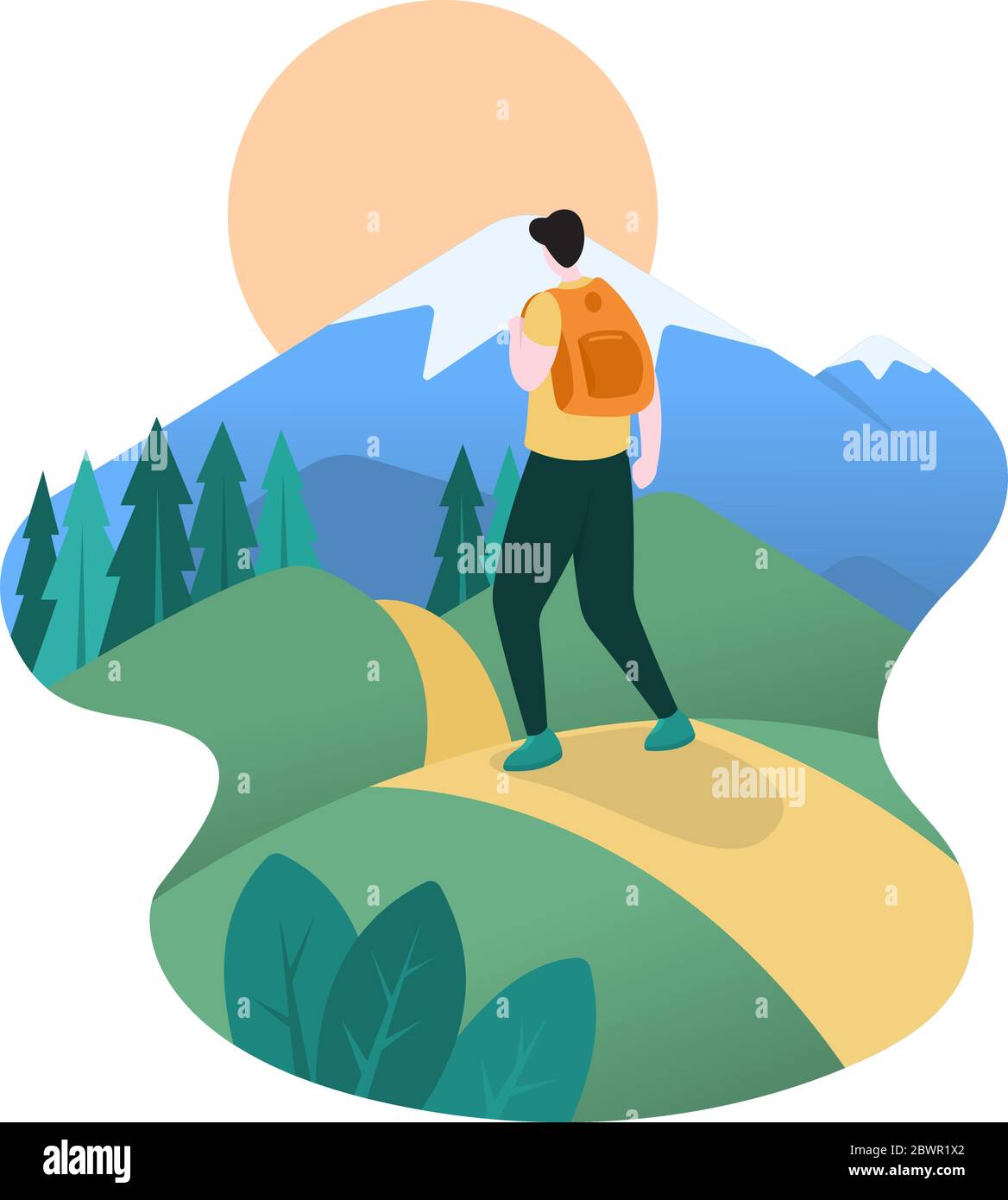 Homme de randonnée avec sac à dos vers Top of Mountain Flat Design Illustration Illustration de Vecteur