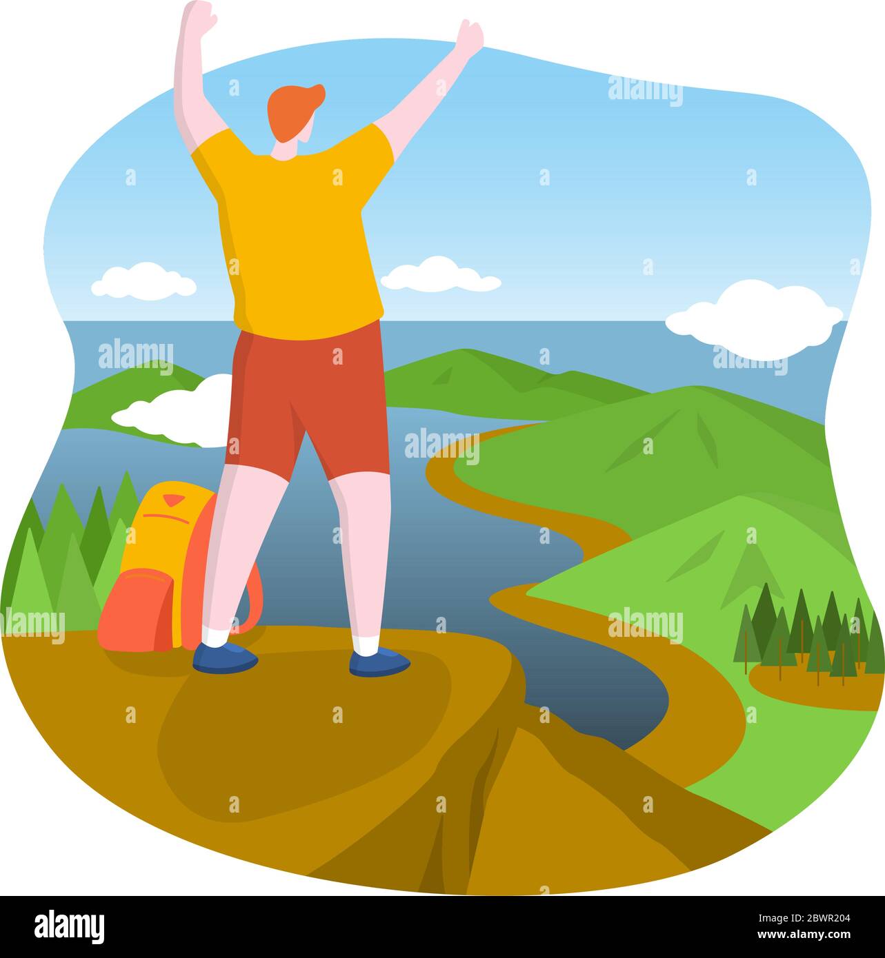 Homme de randonnée debout au sommet de la montagne belle vue plate conception Illustration Illustration de Vecteur