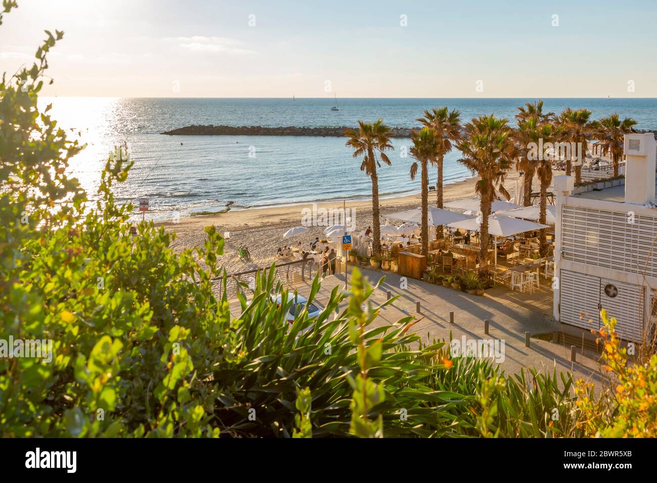 Vue sur le café de la plage de Nordau Segregated Beach, tel Aviv, Israël, Moyen-Orient Banque D'Images