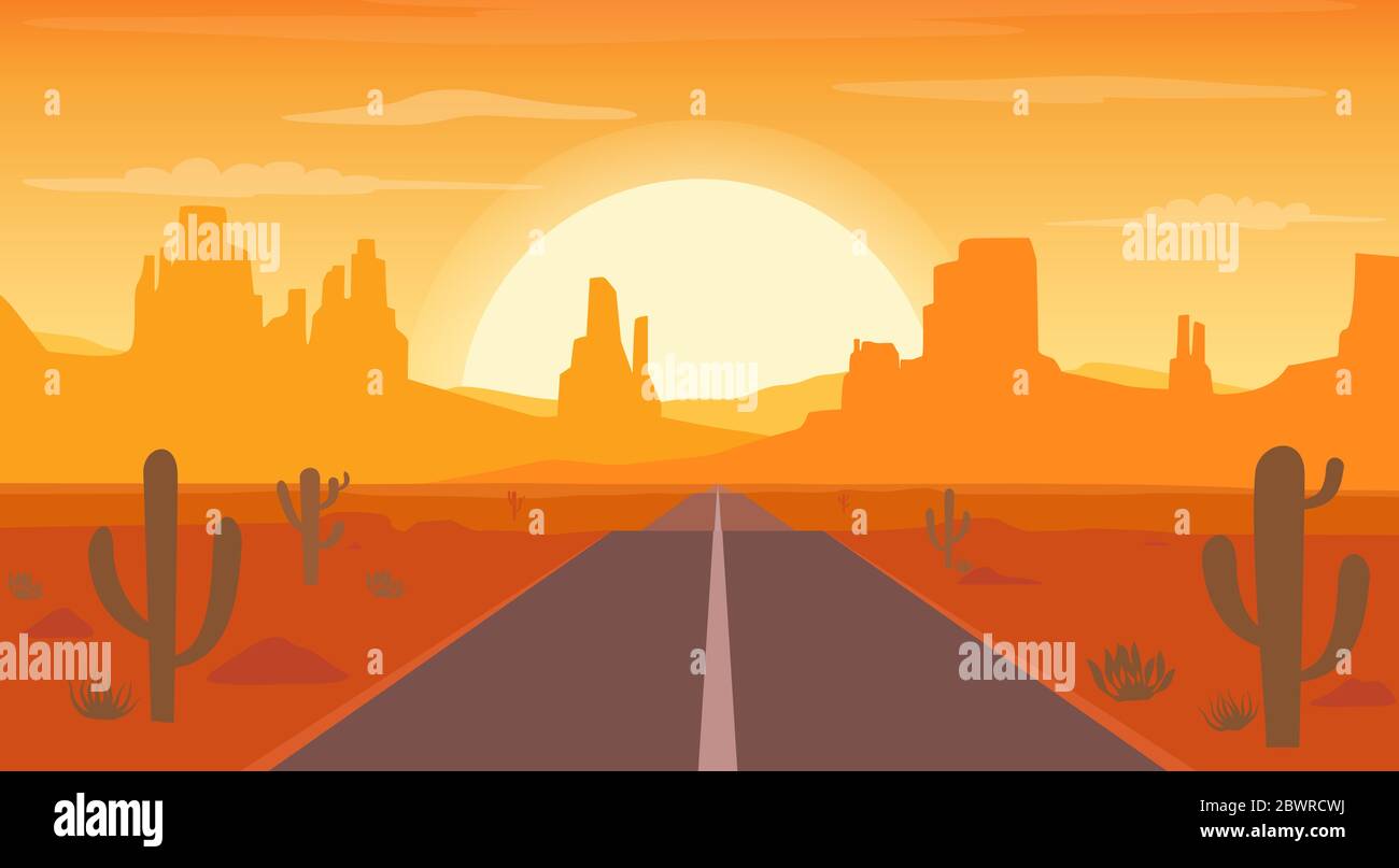 Route vers le paysage désertique au coucher du soleil avec cactus et collines silhouettes arrière-plan - illustration vectorielle Illustration de Vecteur